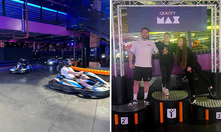 Two photos of Team LNOF go karting at Gravity Max in Liverpool, one blurry one of several go karts and one of three people on a winners' podium