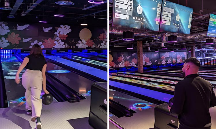 Two images of Zoe and Akash doing bowling at Gravity Max