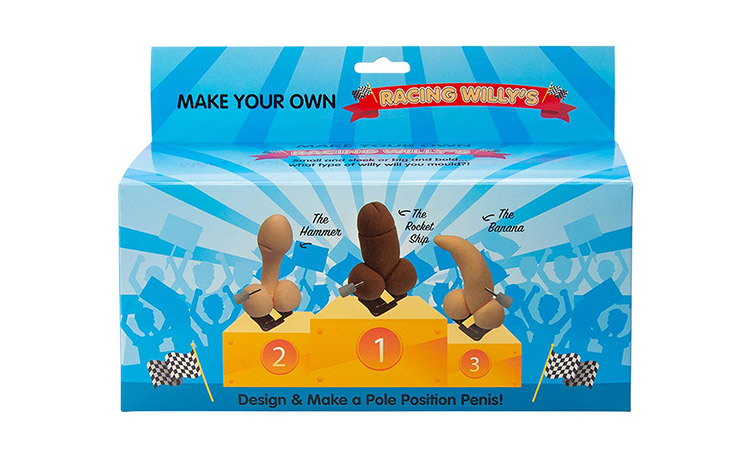 Make your own racing willies product which has a graphic of three willies made from clay sitting on a winners podium