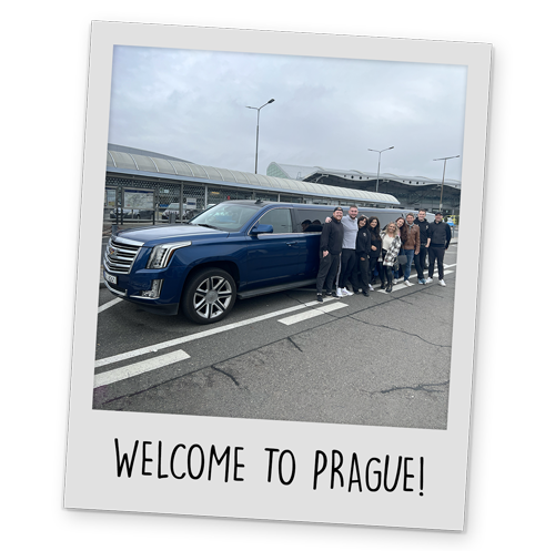 A polaroid style image of Team LNOF in front of a hummer limo with text reading 'Welcome To Prague' at the bottom