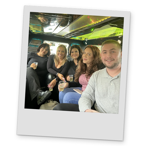 A polaroid style image of some of Team LNOF in the hummer limo