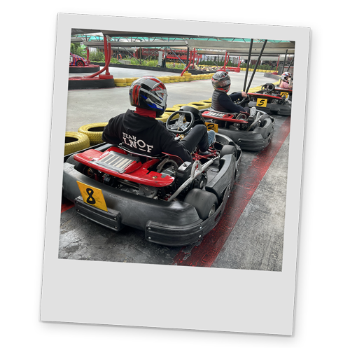 A polaroid style image of some of Team LNOF in go karts wearing LNOF hoodies
