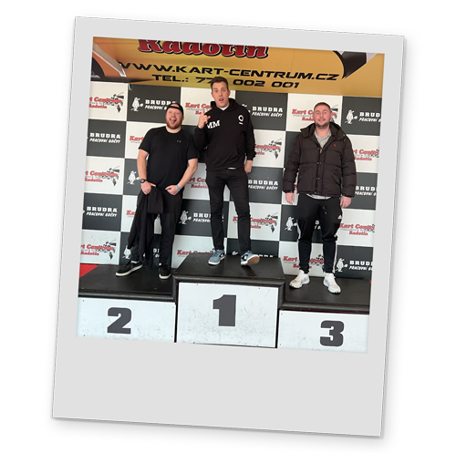 A polaroid style image of three men on a winners podium at go karting