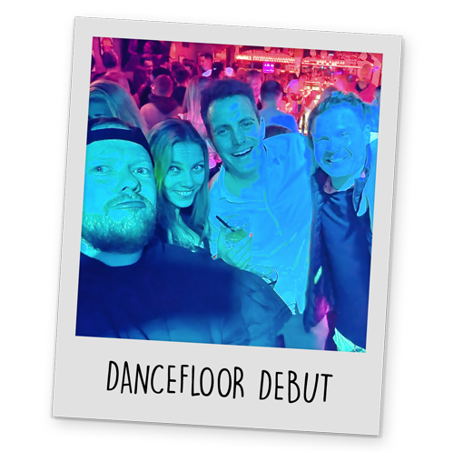 A polaroid style image of a some of Team LNOF in a nightclub, with text reading 'Dancefloor Debut' at the bottom