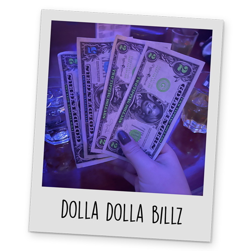 A polaroid style image of someone holding fake money, with text reading 'Dolla Dolla Billz' at the bottom