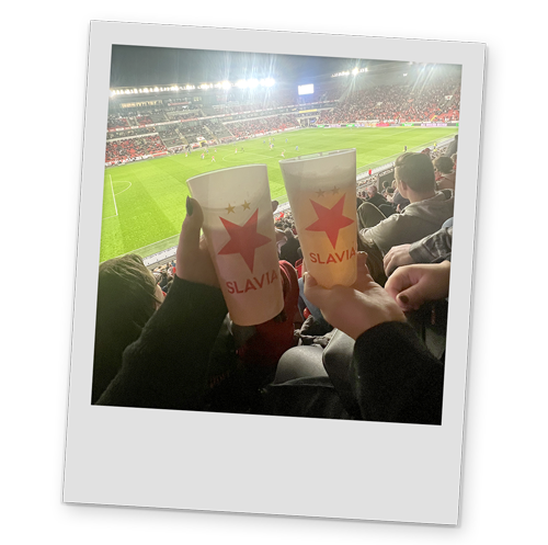 A polaroid style image of two pints at the football stadium