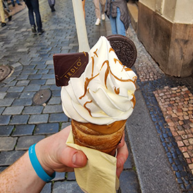  Someone holding an ice-cream with toppings