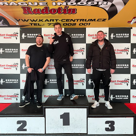 Three people on a winners podium at go karting