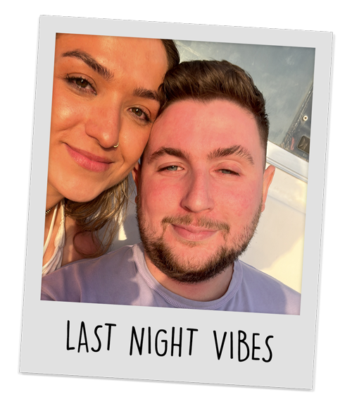 A male and female member of our staff posing for a selfie with the caption 'last night vibes'
