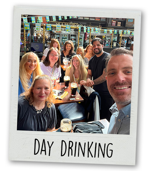 Team LNOF day drinking in Wetherspoons with the caption Day Drinking