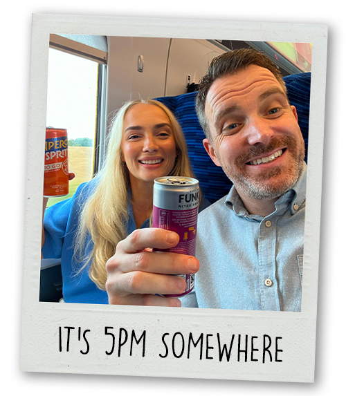 Matt and Katie drinking tins on the train with the caption its 5 o clock somewhere
