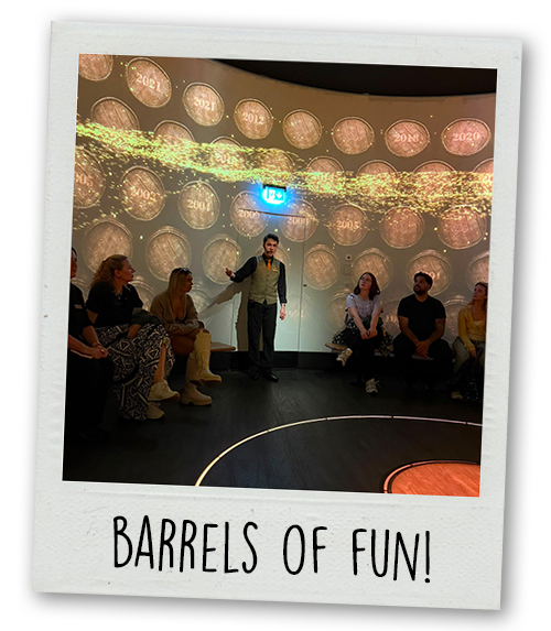 Team LNOF in the barrel simulator room at the whisky experience