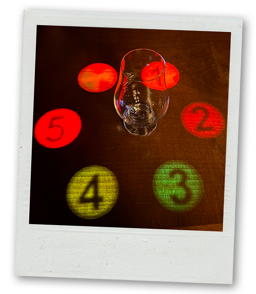 A whisky glass stood next to five coloured circles numbered one to five