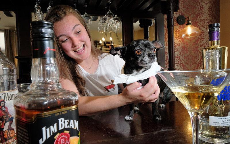 Dapper stag do dog in cravat being held by bar maid at The Toon Saloon, Honeypot House, Newcastle