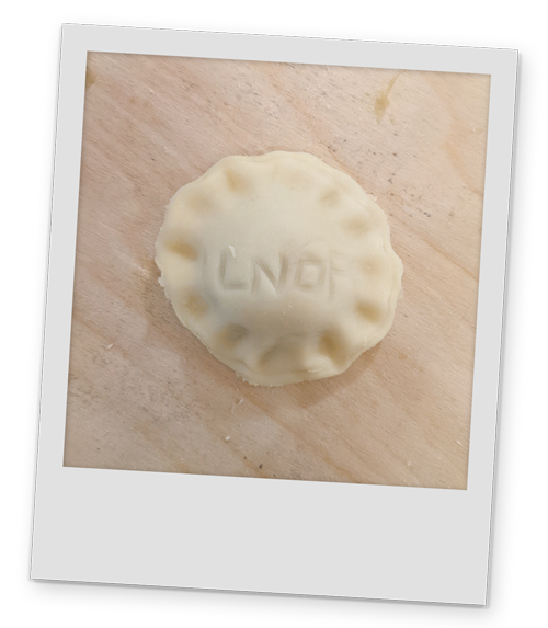 A polaroid style image of a dumpling with 'LNOF' stamped onto it