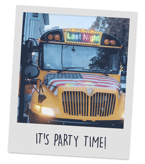 A polaroid style gif of a party school bus in Krakow, with text reading 'It's Party Time!' at the bottom
