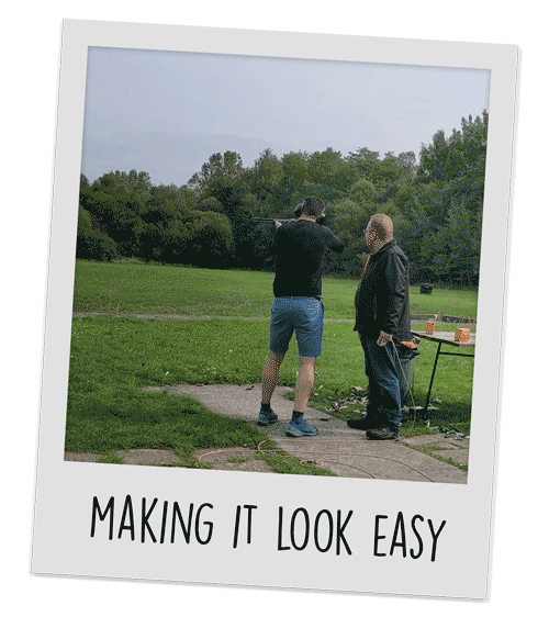 A polaroid style gif of a our MD doing Clay Pidgeon Shooting in Krakow, with text reading 'Making It Look Easy' at the bottom
