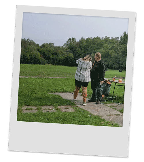A polaroid style gif of one of Team LNOF doing Clay Pidgeon Shooting in Krakow