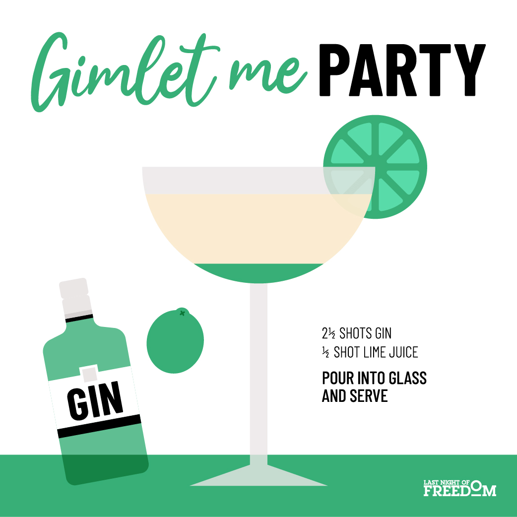 Graphic of a cocktail with text that says 'Gimlet me party-2 ½ shots Gin, ½ shot lime juicePour into glass and serve'