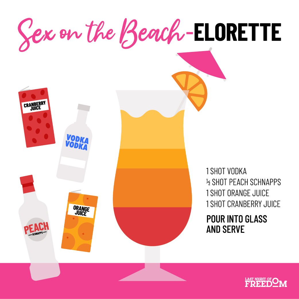Graphic of a cocktail with text that says 'Sex on the Beach-elorette- 1 shot Vodka, ½ shot Peach Schnapps, 1 shot orange juice, 1 shot cranberry juicePour into glass and serve'
