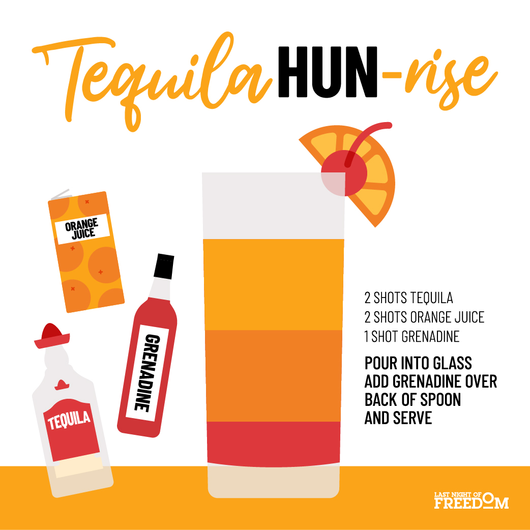 Graphic of a cocktail with text that says 'Tequila Hun-rise-2 shots Tequila, rest of the glass Orange Juice, 1 shot grenadinePour into glass, add grenadine over back of a spoon and serve'