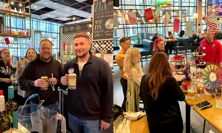 Two images of Team LNOF making cocktails at TGI Fridays Newcastle