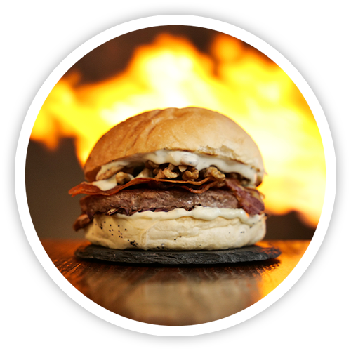circle design with a full flame-engulfed burger