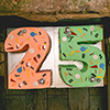  A cake which is shaped in the number 25 and has a stag and hen party-themed design. 