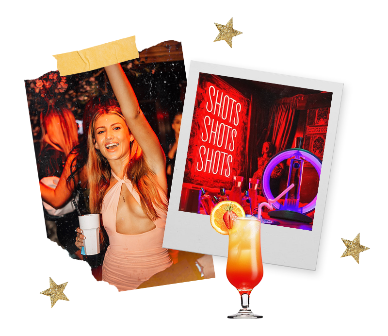 Two Polaroids of a woman partying on the Diamond Strip and a neon sign reading shots shots shots