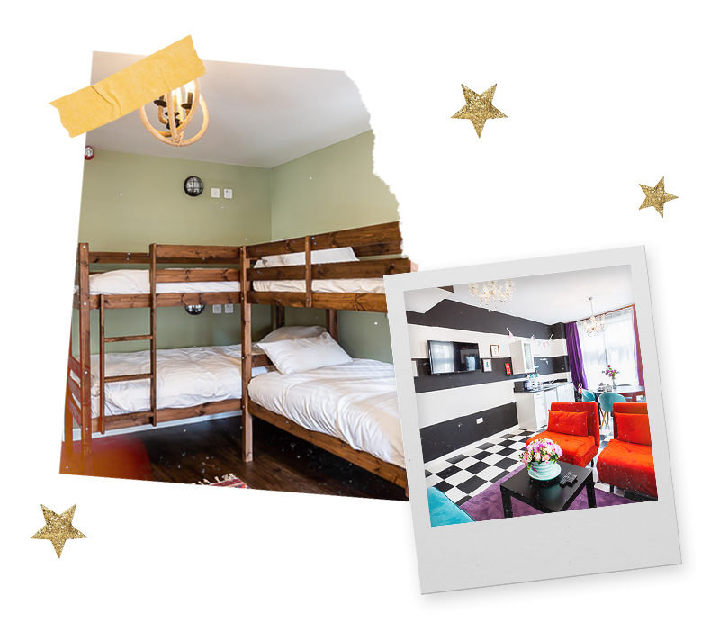 Two Polaroids of two bunk beds in a hen party house as well as the open plan lounge and kitchen of a hen apartment