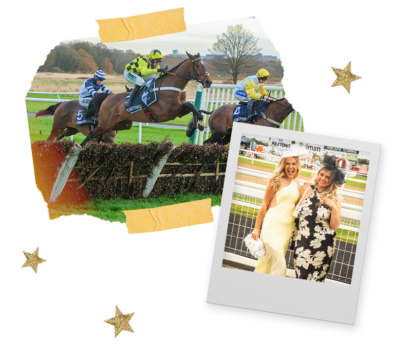 Two Polaroids of some horse racing and two hens dressed up for the races