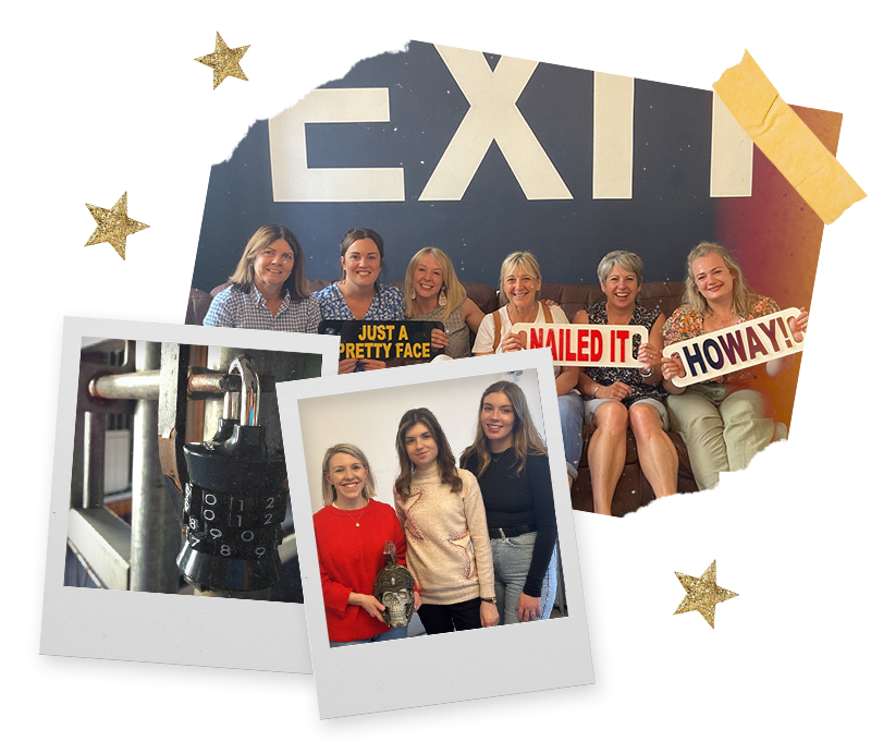 Three Polaroids of an escape room in Newcastle with a hen group who are holding signs to say they escaped successfully