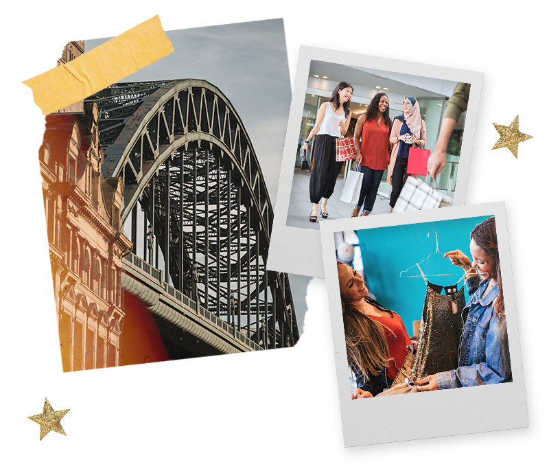Three Polaroids of the Tyne Bridge and women with shopping bags