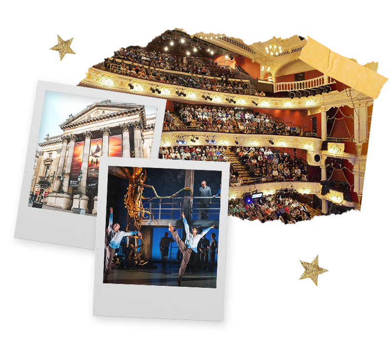 Three Polaroids of the inside of the Royal Theatre, the outside of the Theatre Royal and a stage show with people dancing