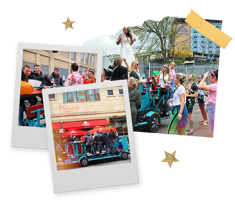 Three Polaroids of various different groups riding a prosecco bike through Newcastle