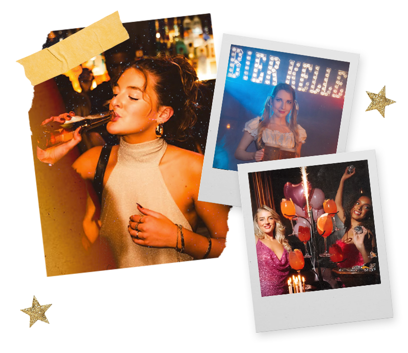 Three Polaroids of a woman drinking in the Bigg Market, a Bavarian waitress at the Bierkeller and two women with a cocktail tree