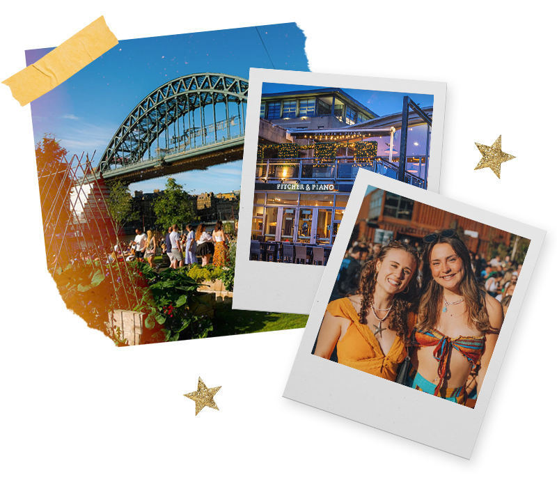 Three Polaroids of the Tyne Bridge, Pitcher & Piano and two women partying down by the quayside