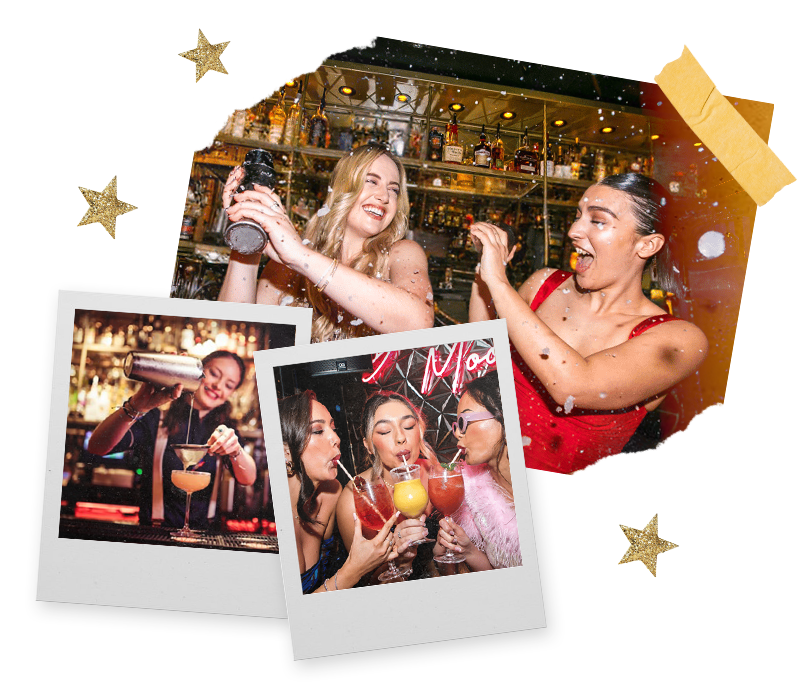 Three Polaroids of a hen do taking part in a cocktail workshop