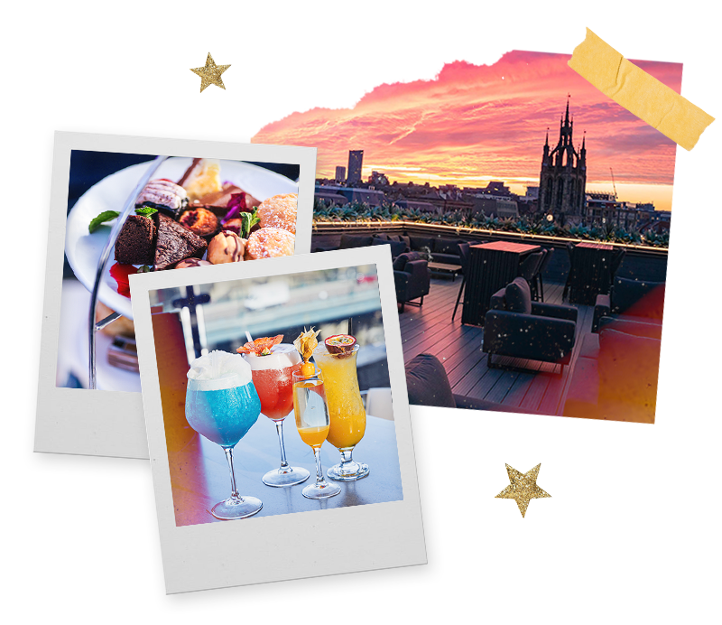 Three Polaroids of a Newcastle rooftop bar, some food and some cocktails