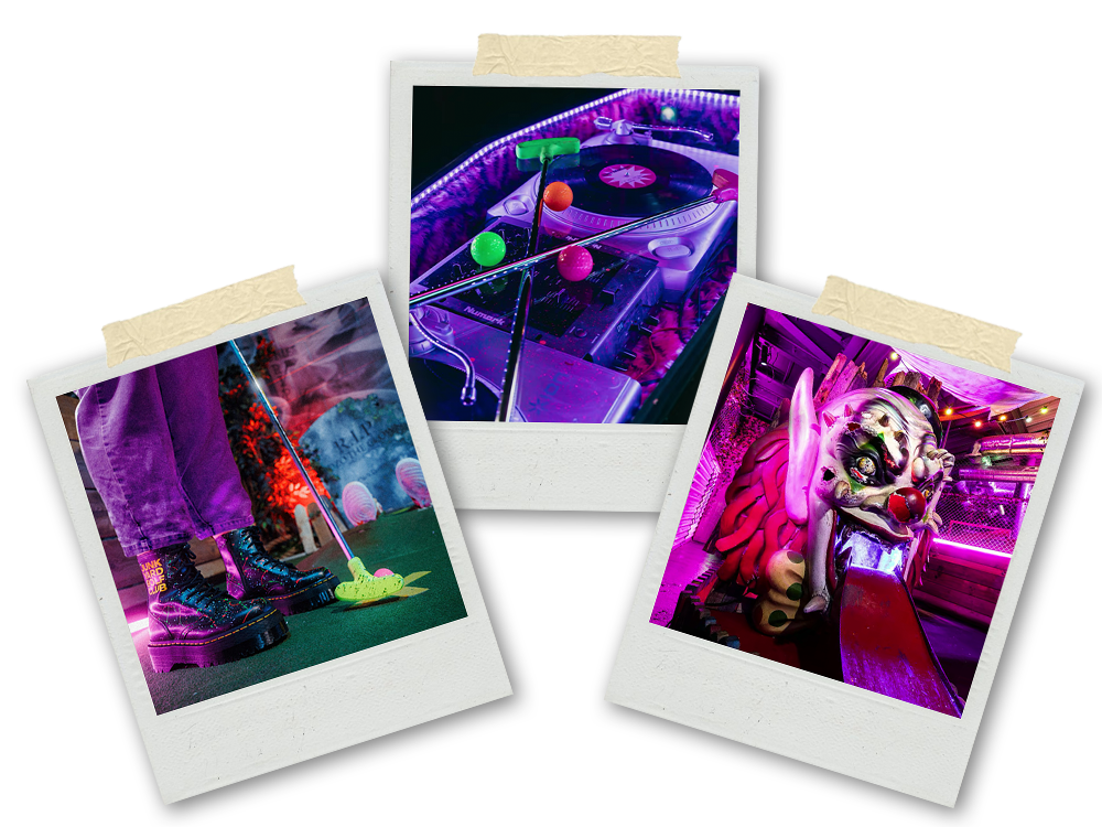 Three Polaroid pictures of a colourful mini golf course including a hole with a clown's head