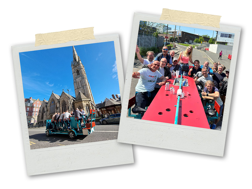 Two Polaroids of a stag do doing a beer bike around Newcastle