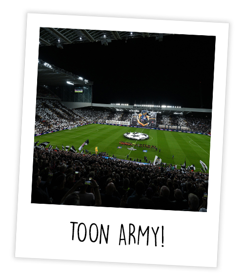 A Polaroid of a full stadium of people watching a football match with the caption Toon Army!
