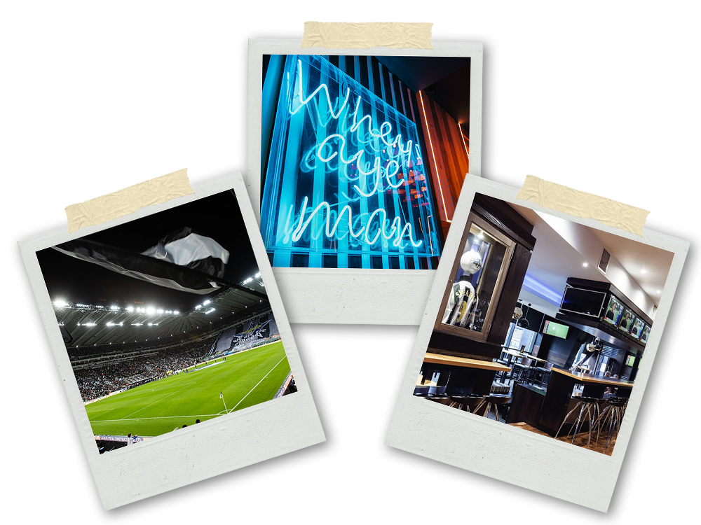 Three Polaroids of a football ground, a sign reading whey aye man and a bar with football merchandise