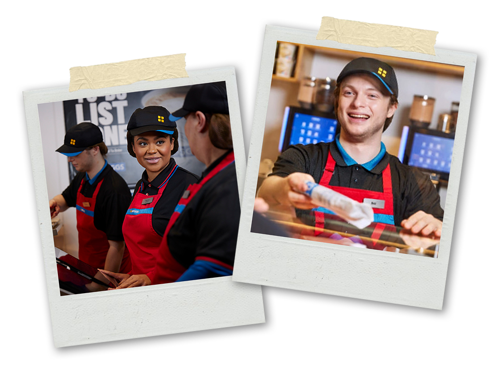 Two Polaroids of Greggs workers serving Greggs