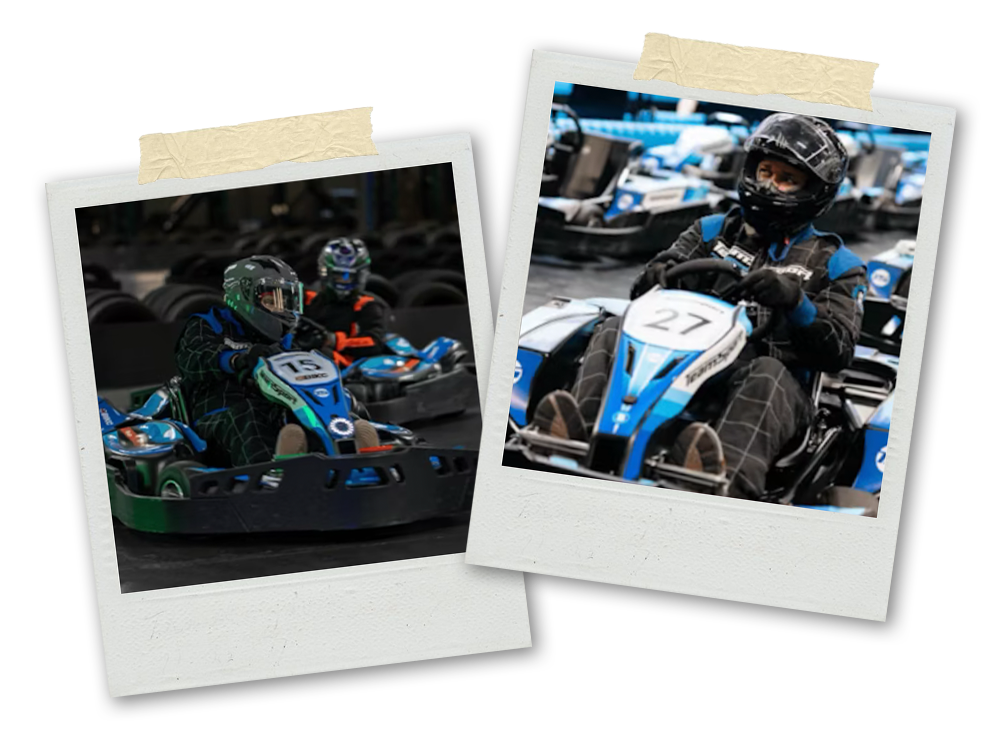 Two Polaroid pictures of men go karting