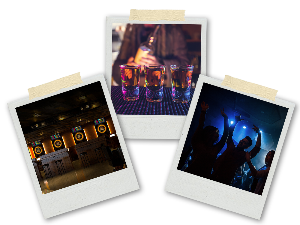 Three Polaroids of a darts bar, some shots and some people clubbing