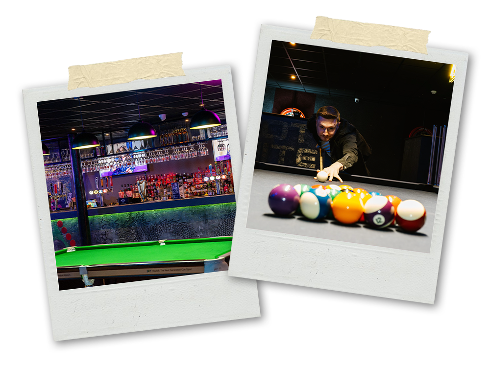 Two Polaroids of a pool table and someone playing pool