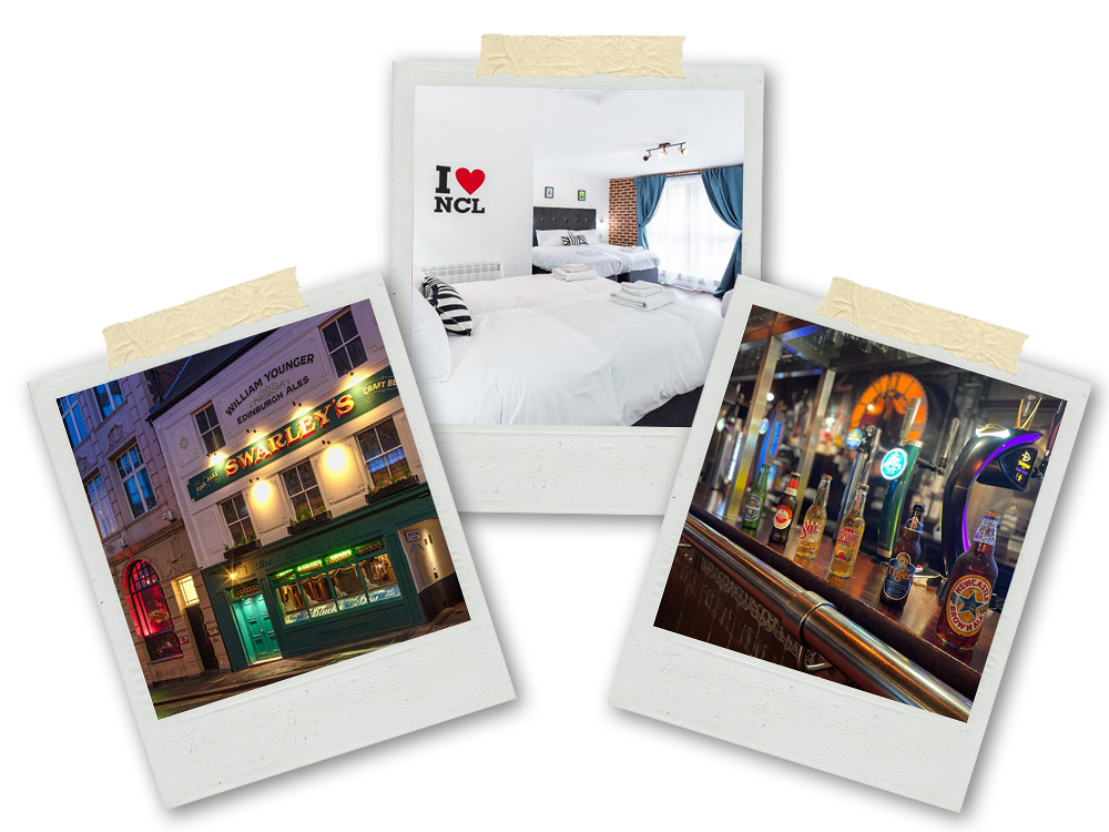 Three Polaroids of Swarleys pub, Honeypot House and a pub with drinks sitting on the bar