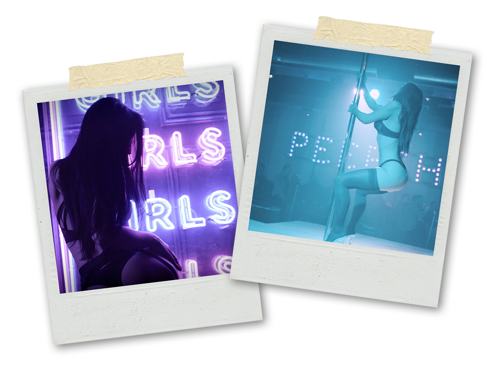 Two Polaroids of girls pole dancing at a strip club in Newcastle