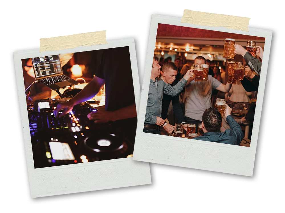 Two Polaroids of a DJ and a group of men all clinking steins